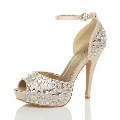 Womens Ladies High Heel Diamante Gem Wedding Evening Platform Peep Toe Shoe Size • £5.99
