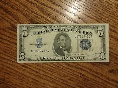 1934-D Blue Seal Lincoln $5 Five Dollar Bill US Note Silver Certificate • $5