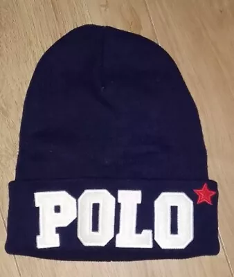 Polo Ralph Lauren S / M Spell Out Navy Blue Beanie Red Star Ski Stadium  CP93 67 • £30