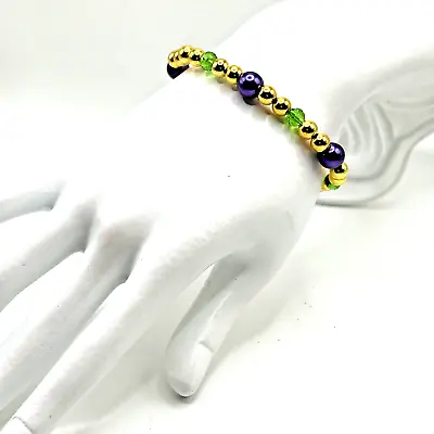 7.5  Mardi Gras Gold/Purple/Green Stretch Bracelet -with Glass & Acrylic Beads • $3.50