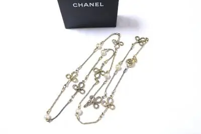 4L1822  Guarantee  Chanel Long Necklace Coco Mark Logo Gold Faux Pearl VINTAGE • $605.61