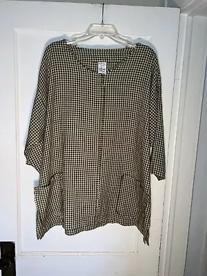 Match Point Green Check Linen Tunic Top Blouse 3/4 Sleeves Pockets Size XL C955 • $50