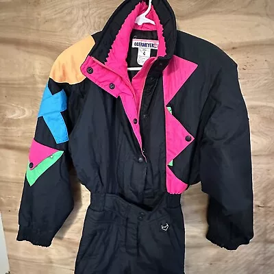 Vintage 80s Obermeyer Women Sz 4 Ski Suit Jumpsuit Snowsuit Black NEON Bright • $150