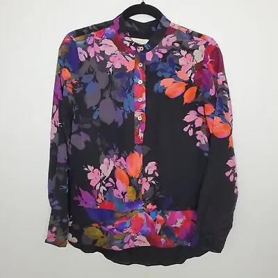 Nicole Miller Artelier Top Size S 100% Silk Floral Mock Neck Long Sleeve Button • $38.88