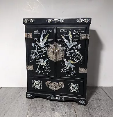Vintage Asian Oriental Black Lacquer Mother Of Pearl Jewelry Box Chest Cabinet • $247.50