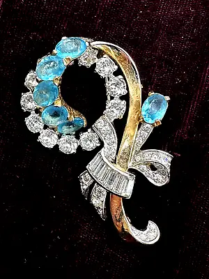 Antique Mazer Signed Lovely Brooch Aquamarine Clr Oval Cut Stones Baguettes Gold • $249.99