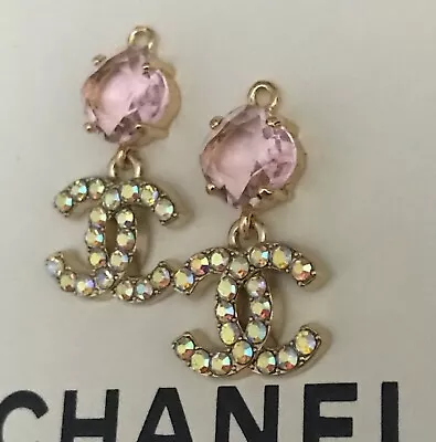 Pretty Chanel Stamped Button Parts X2pc Set Crystal Gold Pink Pendant Charm  CC • £68