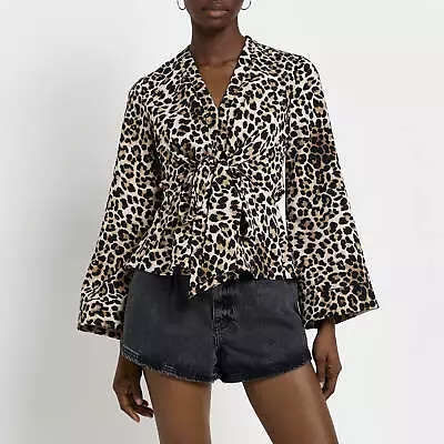 £7 • Buy River Island Womens Top Brown Animal Print Tie Front Casual V Neck