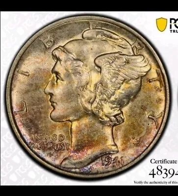 1941 P Mercury Silver Dime PCGS Graded MS64 Dual Color Toning Toned Coin  • $75