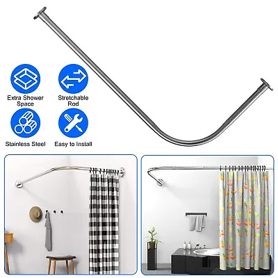 Stainless Steel Curtain Rod Curved Rod  L Shaped Stretchable Rod/ 12Pcs Hooks • $10.35