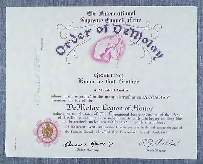 Order Of DeMolay Honorary Life Member Legion Of Honor Certificate 1986 Vintage • $19.99