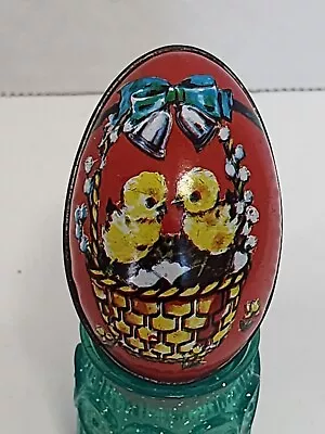 Vintage Red  Easter Egg Tin Container Yellow Chicks In Basket 2.5  Murray Allen • $6