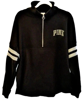 $35 • Buy VICTORIA'S SECRET PINK Black Gray Varsity 86 Sweatshirt Zip Top NWT Small Medium