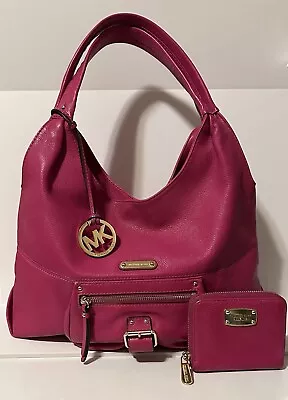 Michael Kors Shoulder Bag  Austin Leather Hobo Tote And Wallet Magenta Pink • $49.99