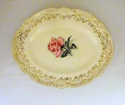 Vintage HOMER LAUGHLIN Pink Rose 24K Gold Filigree 14  X 11  Serving Platter • $35.50