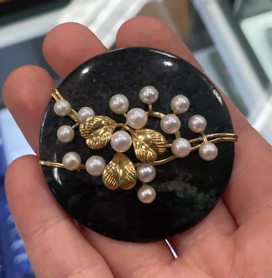Ming's Hawaii 14k Yellow Gold Black Jade And Pearl Round Brooch • $890