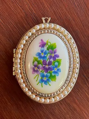 Vintage Gold Tone Porcelain Cabochon Violet Locket Pendant • $14.99