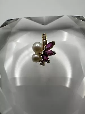 Vintage 14k Yellow Gold Diamond Pearl Ruby Necklace Pendant 1.7cm 1.69g • $120