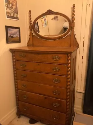 Antique Wood Oak Highboy Dresser Mirror Chest • $1100