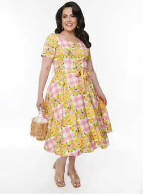 Unique Vintage Pink Gingham Barbie Core & Citrus Lemons Bella Swing Dress 1X • $59.99