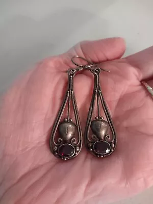 Nouveau Victorian Vintage Garnet Ruby Sterling Silver Dangle Pierced Earrings • $30