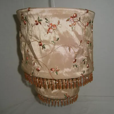 Vintage Embroidered 2 Tier W/ Beaded Fringe Silk Lamp Shade Lined 10.5  X 9  • $39.99