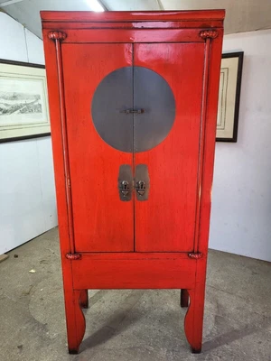£445 • Buy Chinese Oriental Red Lacquered Cabinet Wardrobe Linen Press Shelves