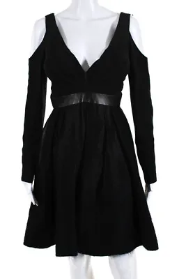 J. Mendel Women's Cold Shoulder V Neck Rabbit Fur Hem A Line Dress Black Size 4 • $166.81