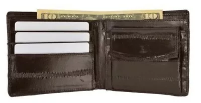 Men's Genuine Eel Skin Leather Bifold Credit Card Wallet With Coin Pouch Brown • $22.99