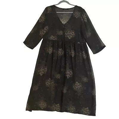 Stella Womens Overdress Size 14 Black Floral Maxi Sheer V Neck 3/4 Sleeve Tie • $27.99