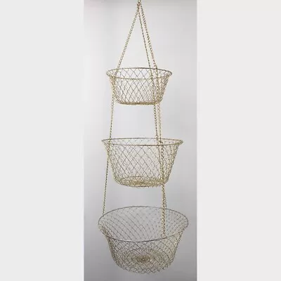 Vintage 3 Tier Gold Tone Round Metal Wired Hanging Fruit Vegetable Plant Baskets • $19.99