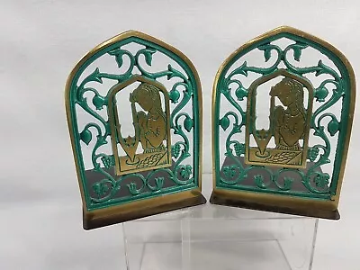 Vintage Pair Judaica Oppenheim Brass Bookends Set Girl Praying Bat-Mitzvah VGC • $18.99