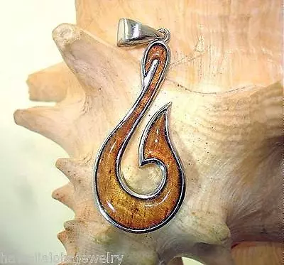 20.5mm 925 STER Silver Hawaiian Koa Wood Maori Hei Matau Fish Hook Pendant #1 • $46