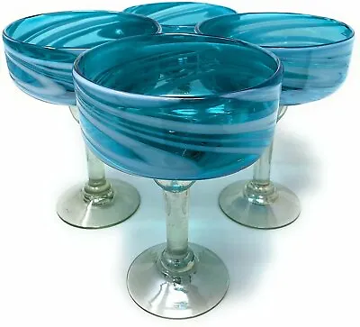 Mexican Hand Blown Glass – Set Of 4 Hand Blown Margarita Glasses Aqua Swirl... • $55.99