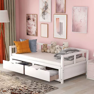 Twin Size Extendable Bed Daybed Sofa Bed W/Trundle /2 Drawers Wood Slatted White • $407.99