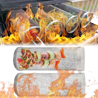 Rolling Grilling Basket BBQ Net Tube Round Stainless Steel Grill Mesh Cylinder • $12.89