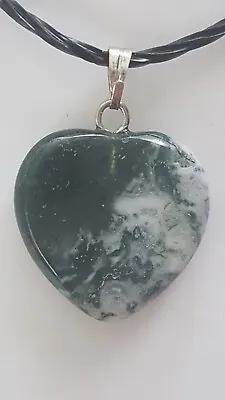 MOSS AGATE Gemstone 20mm Love Heart Ying Yang Healing Pendant Necklace Jewellery • £4.99