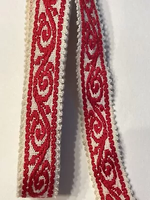 Vintage Red And White Sewing Trim 3 Yards 3/4  White With Red Embroidered Scroll • $7.99