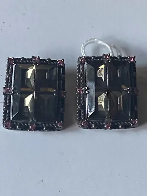 Vintage Signed Sarah Coventry Midnight Magic Black Pink Rhinestone Clip Earrings • $16.99