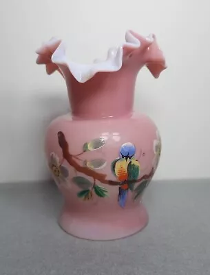 Victorian Bristol? Pink Opaline Glass Vase Ruffled Rim & Hand Painted • $59.95