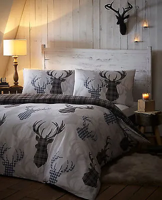 Tartan Stag Duvet Set Reversible Grey Single Double King Or Super King • £12.95