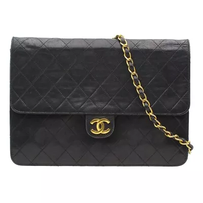 CHANEL Leather Quilted Pushlock Chain Shoulder Bag W25 Black Women D2707 • £590.57