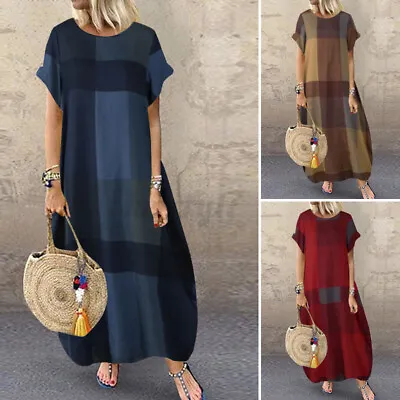 ZANZEA Womens Summer Short Sleeve Check Casual Loose Kaftan Long Maxi Dress Plus • £8.80