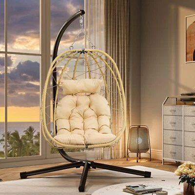 £76.14 • Buy TAUS Hanging Egg Chair W/Stand Swing Chair Wicker Indoor Outdoor+Cushions Beige