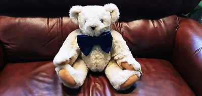 Vermont Teddy Bear With Tags  Cream Tan Velvet Blue Bow Tie Handmade In Vermont • $11.99