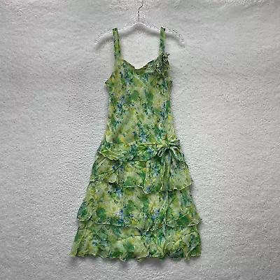Y2K 2000s Sangria Green Floral 100% Silk Mesh Tiered Fairy Grunge Midi Dress 10 • $42