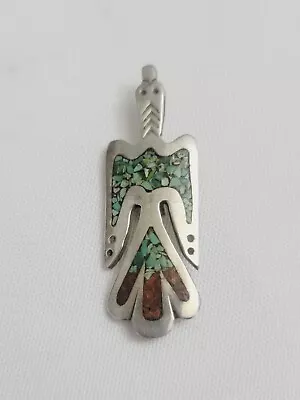 Native American Turquoise And Coral Inlay Sterling Silver Broken Bail Pendant • $60