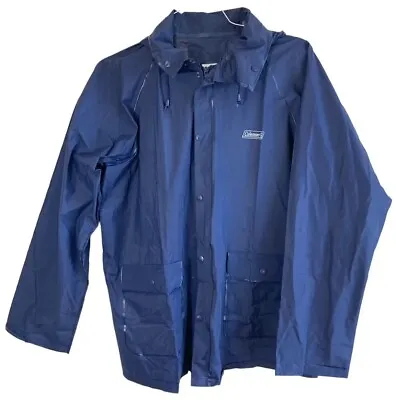 Coleman Men's Rain Slicker Jacket L Polyvinyl Waterproof Vented Hooded Blue • $19.91