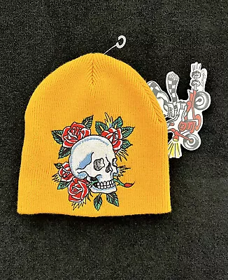 Don Ed Hardy Yellow Embroidered Tattoo Skull & Roses Beanie Y2K New With Tags • £50.10