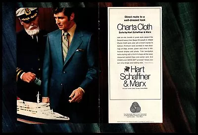 1970 Hart Schaffner & Marx Charta Cloth Cunard Queen Elizabeth 2 2-Page Print Ad • $9.95